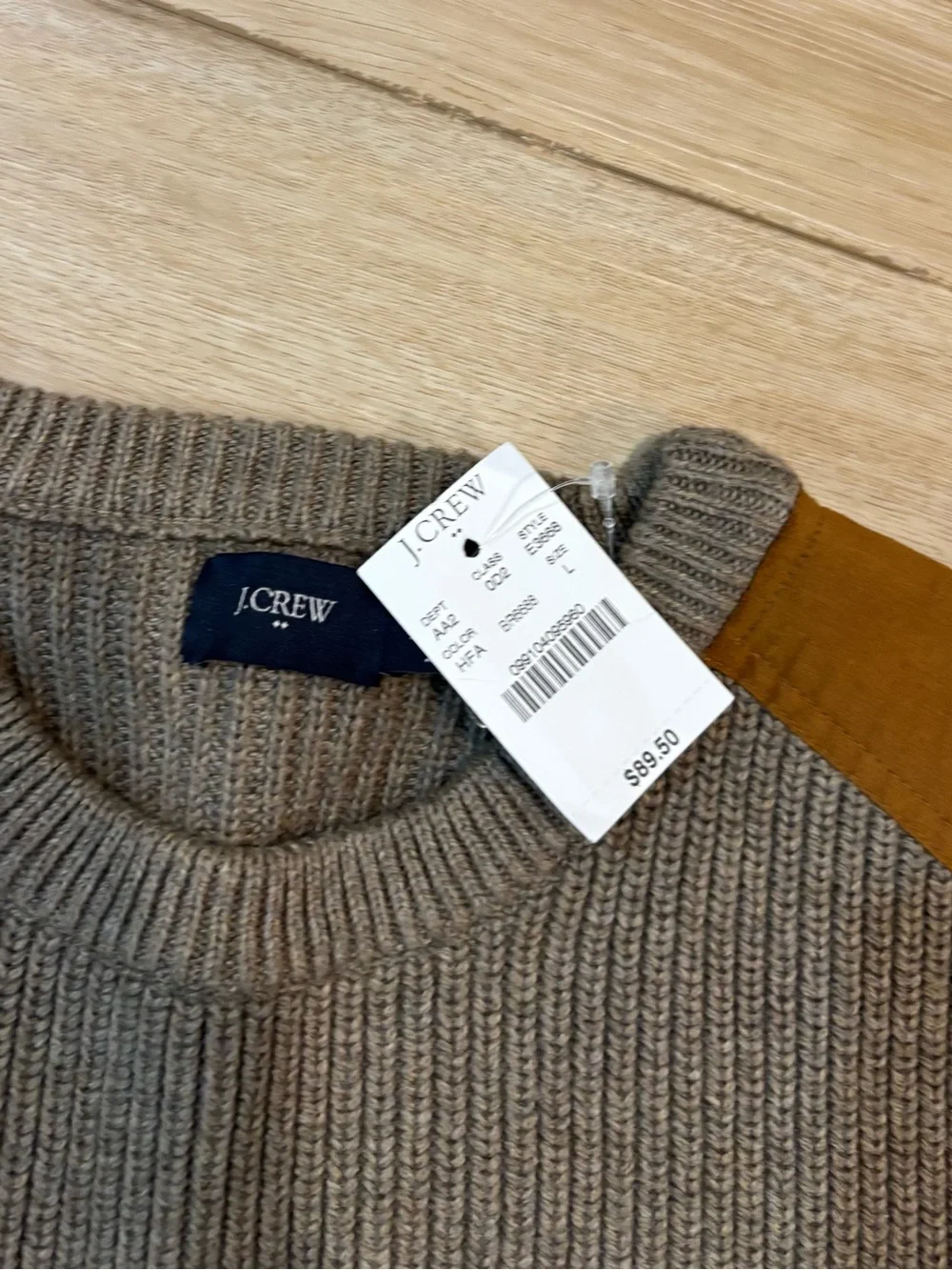 J.Crew Woodsman Sweater Leather Shoulder Patches Cotton Heather Fawn Large L NWT